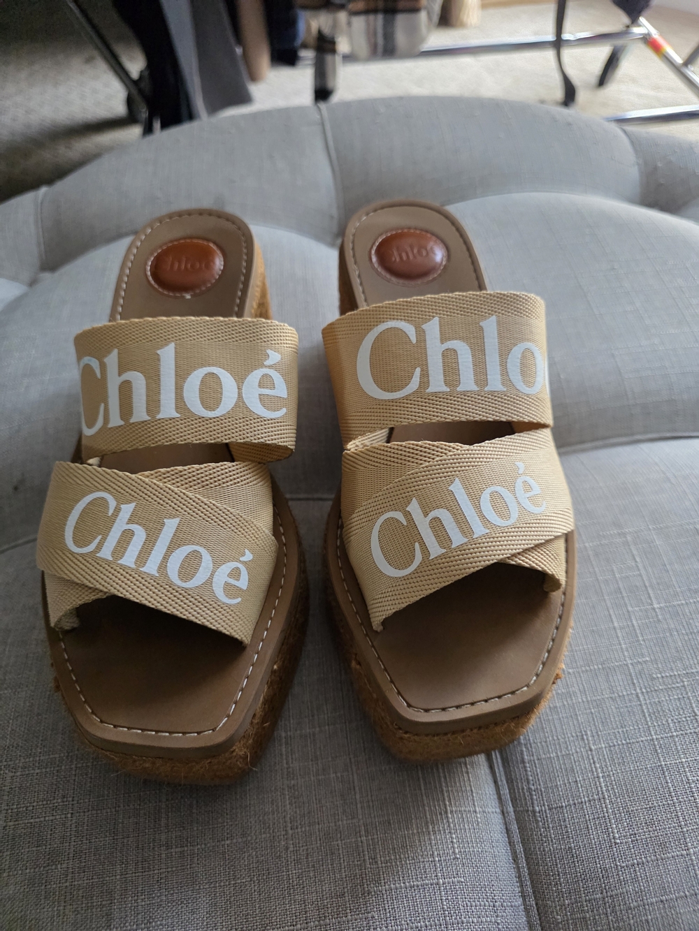 Chloé Tan Logo Slide Sandals with White Script